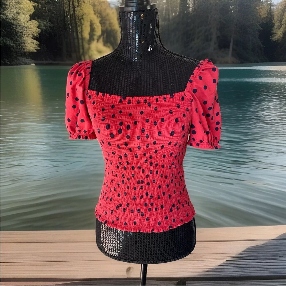 Anthropologie Dolan Left Coast Smocked Puff-Sleeved Top Red Size XS Women’s - Picture 5 of 16